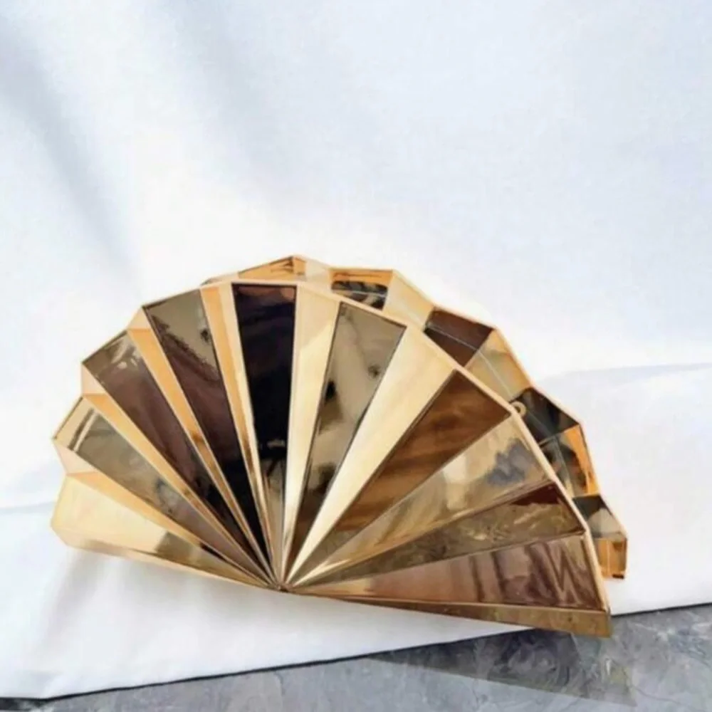 Gold Fan-Shaped Evening Clutch - Elegant Metallic Women Bag